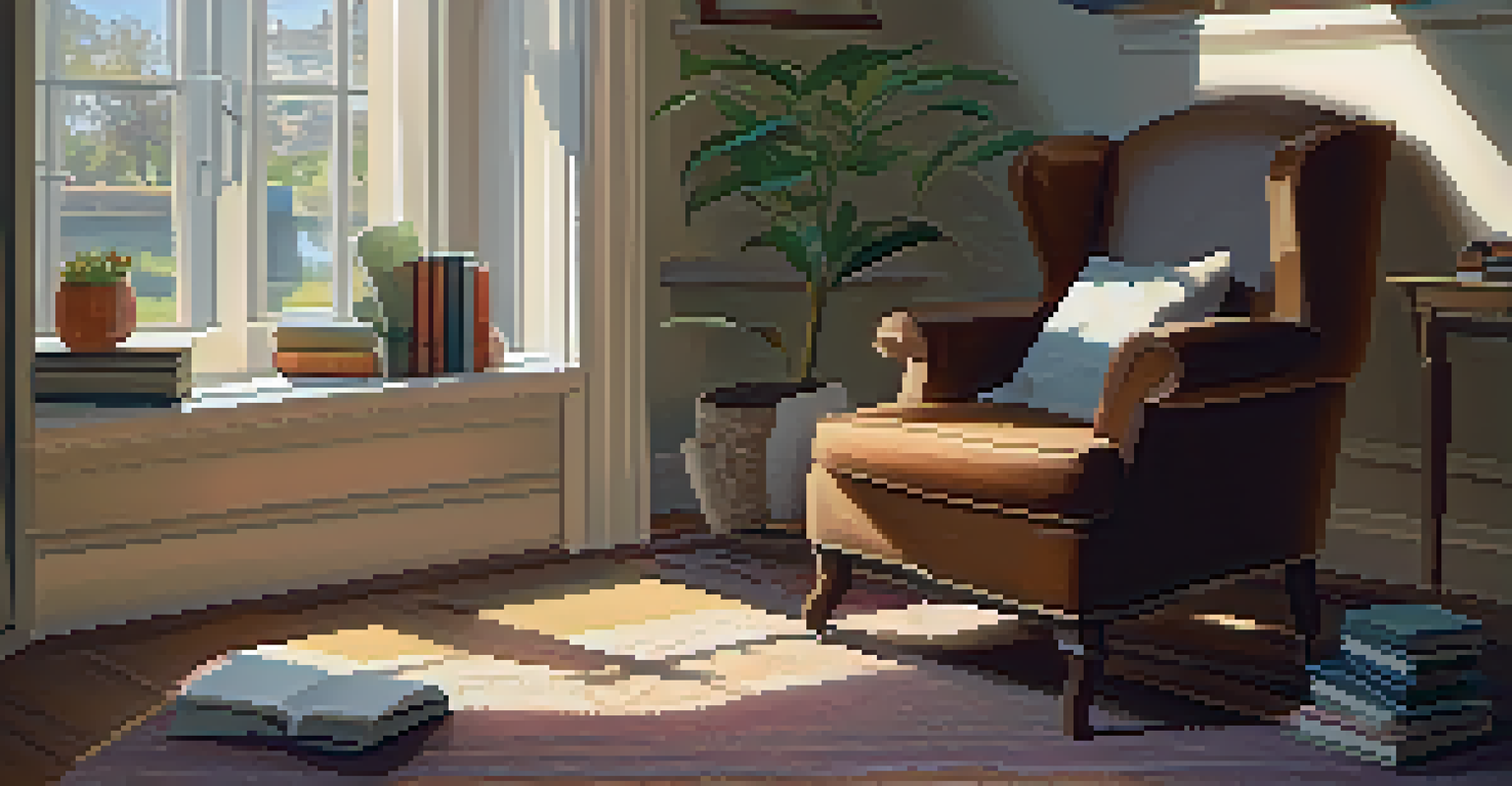 A cozy reading nook with an armchair, an open journal on a side table, and sunlight filtering through a window, creating a warm ambiance.