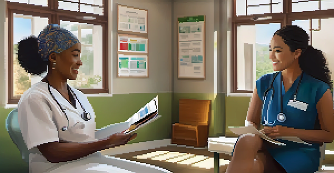 A healthcare professional discussing with a patient in a culturally diverse clinic filled with artifacts and brochures in various languages.