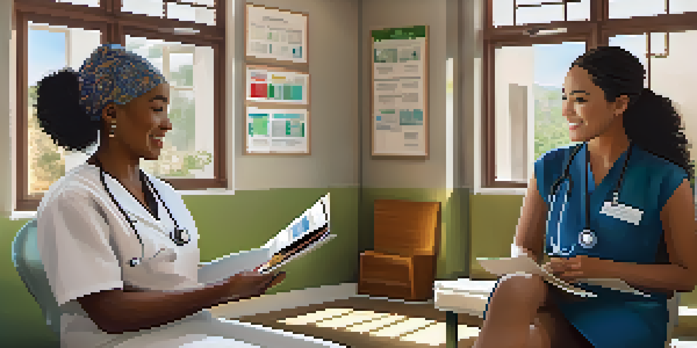 A healthcare professional discussing with a patient in a culturally diverse clinic filled with artifacts and brochures in various languages.