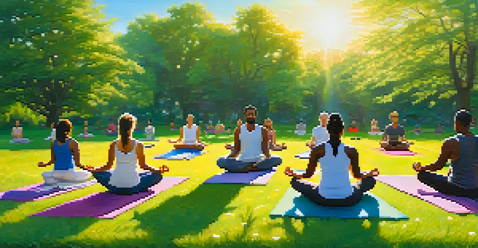 A diverse group of people practicing yoga and meditation on a sunny grassy field, surrounded by trees and flowers.