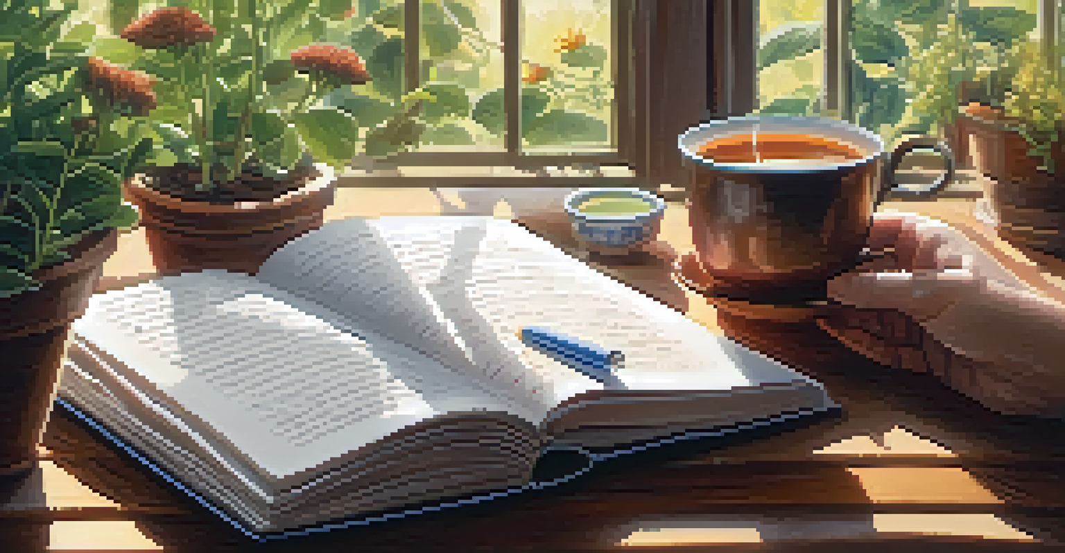 Close-up of hands journaling with a cup of tea and plants on the table, illuminated by natural sunlight.
