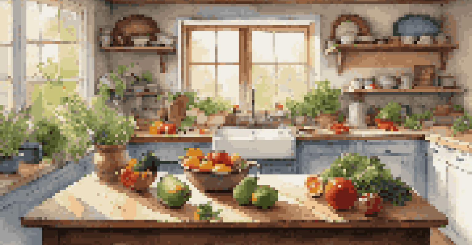 An inviting kitchen with fresh fruits and vegetables on a wooden countertop, herbs hanging from the ceiling, and natural light creating a warm atmosphere.