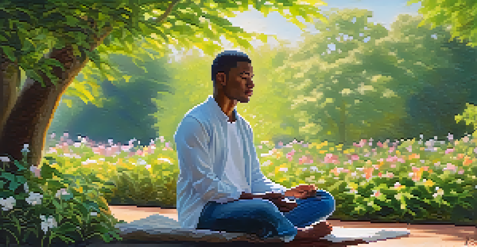 An individual meditating peacefully in a lush park, surrounded by greenery and sunlight, symbolizing mental health and well-being.