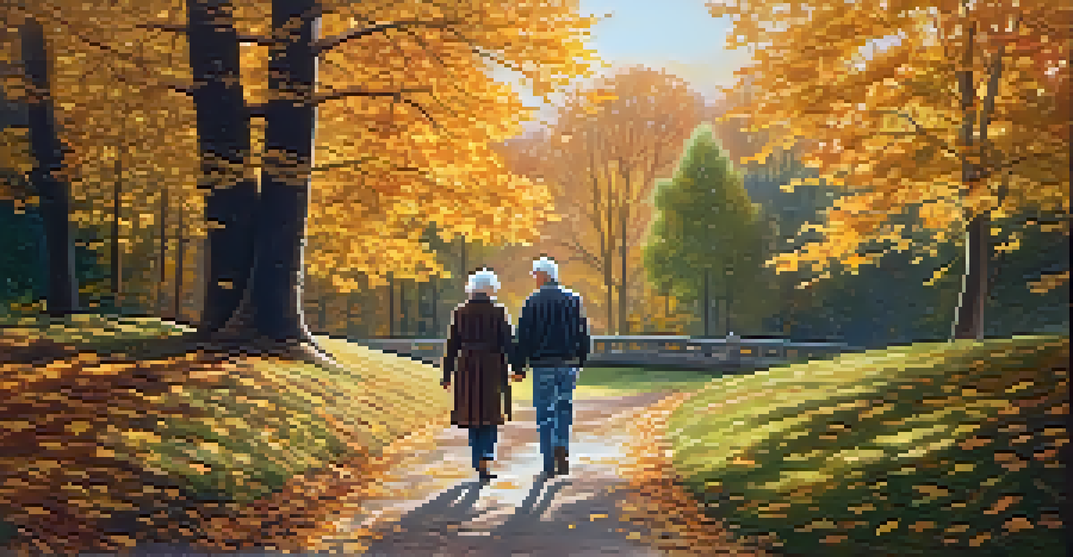 An elderly couple walking hand in hand on a scenic pathway lined with autumn trees.