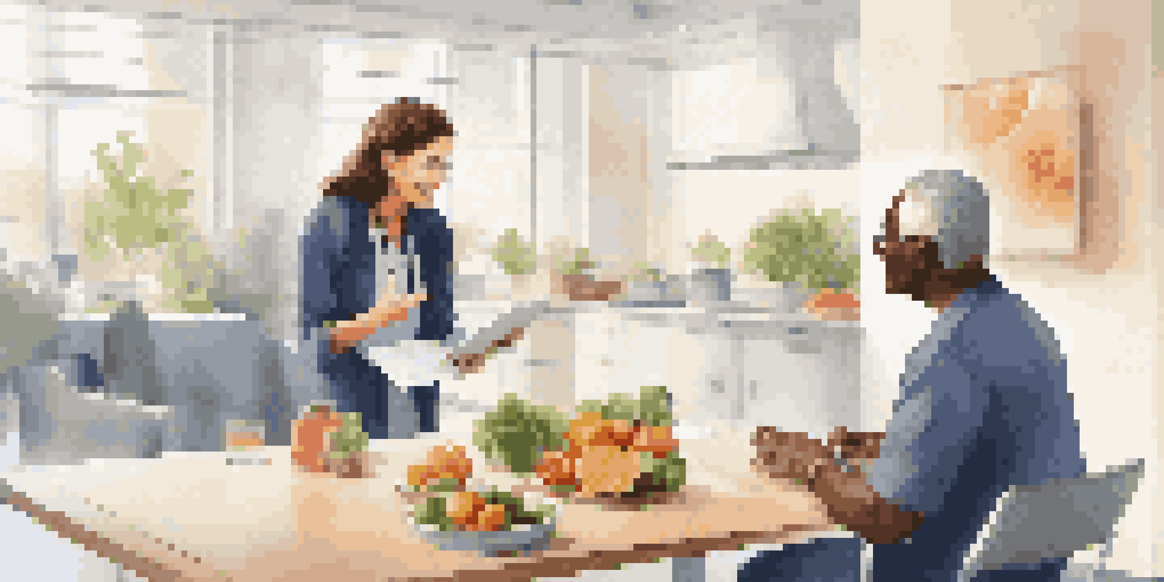 A healthcare professional and a middle-aged patient discussing nutrition plans in a modern clinic with healthy food options on the table.