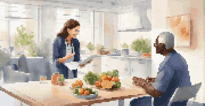 A healthcare professional and a middle-aged patient discussing nutrition plans in a modern clinic with healthy food options on the table.