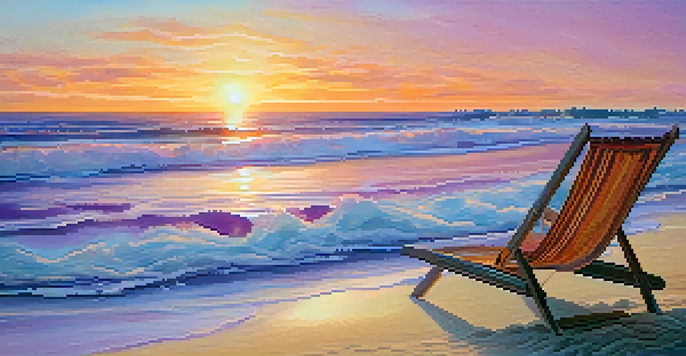 A peaceful beach with gentle waves, golden sand, and a sunset sky in vibrant colors, accompanied by a beach chair.