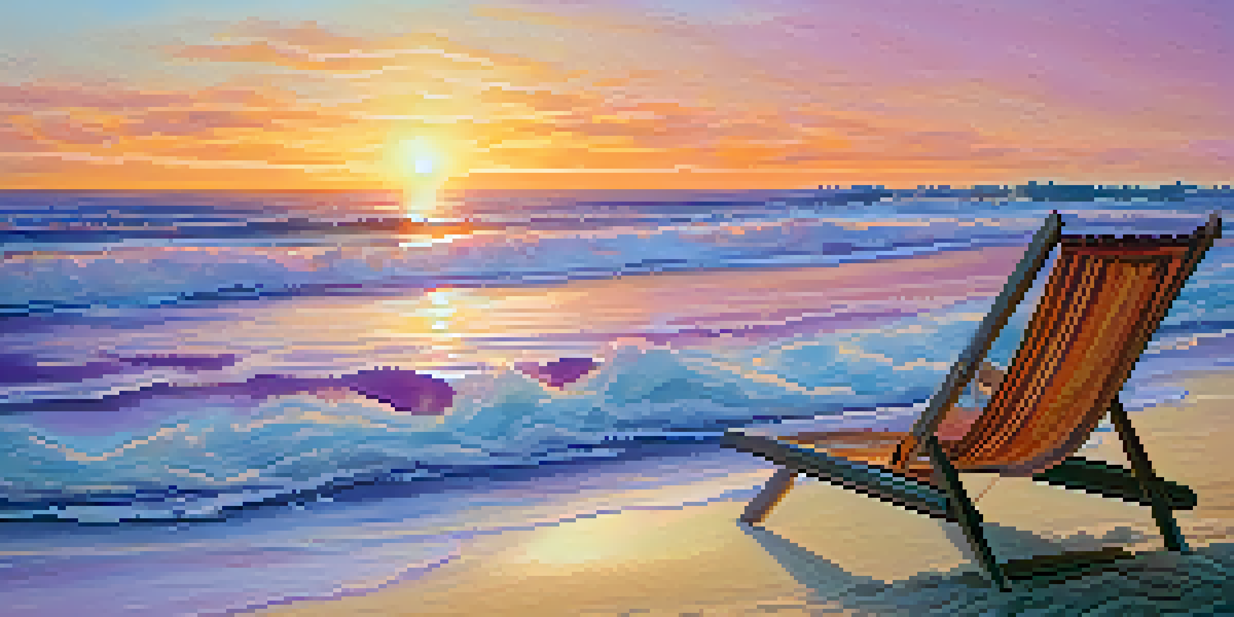 A peaceful beach with gentle waves, golden sand, and a sunset sky in vibrant colors, accompanied by a beach chair.