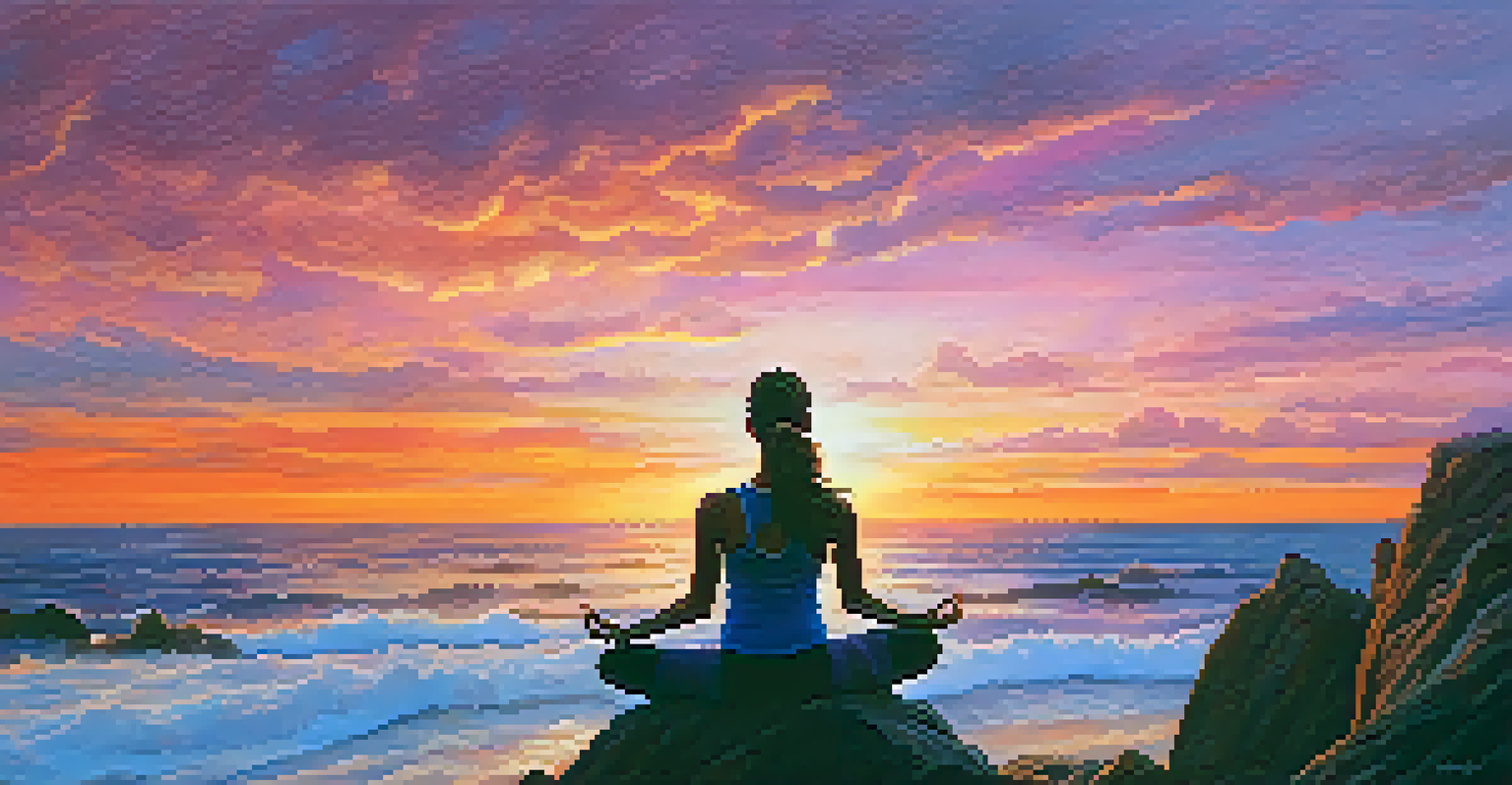 A person practicing yoga on a cliff at sunset, silhouetted against a colorful sky and ocean waves.