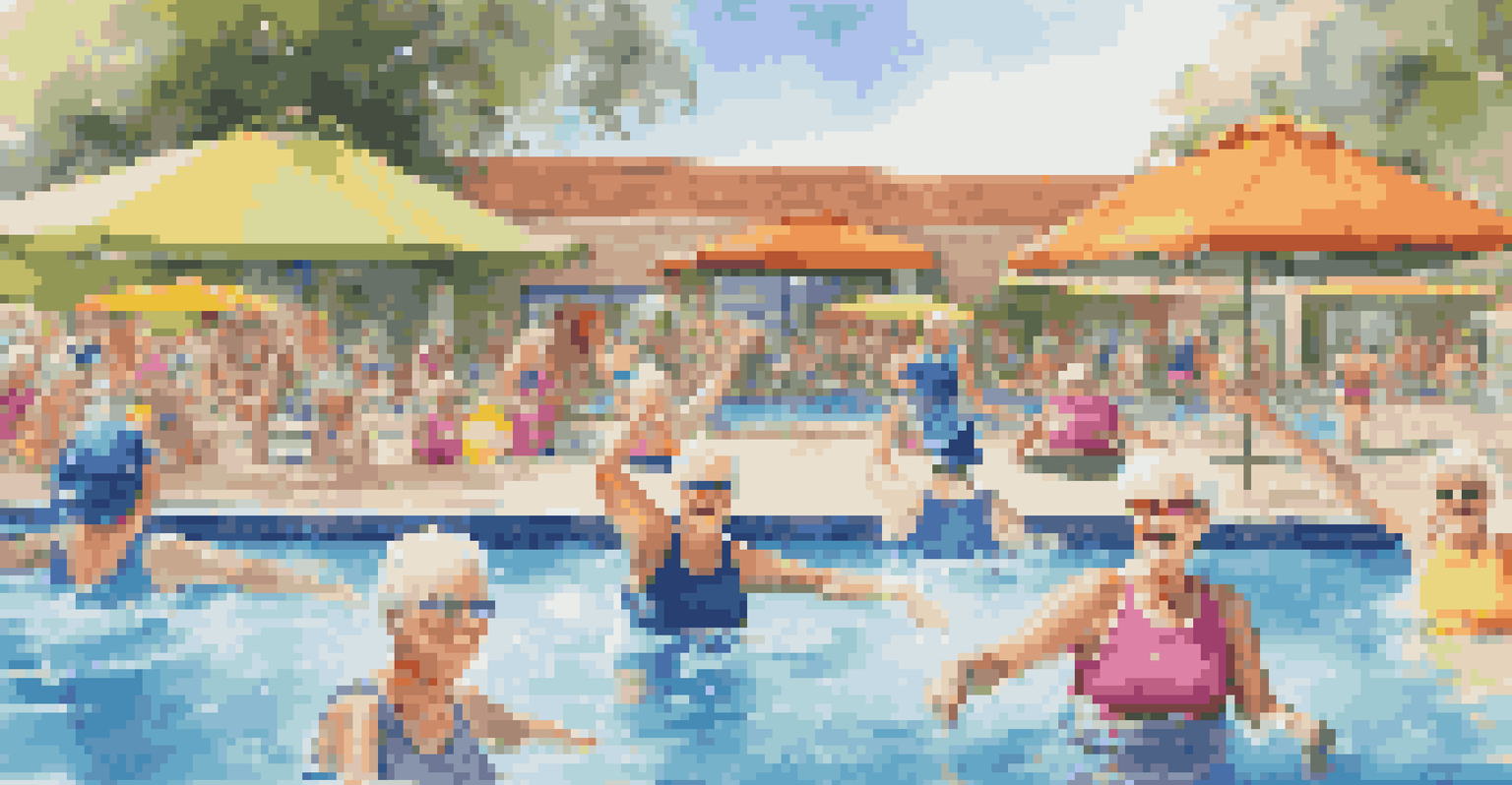 Seniors enjoying a water aerobics class in a community pool under sunny weather.