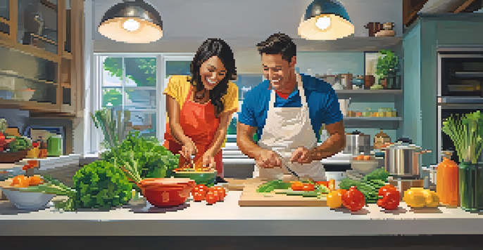 Two partners happily competing in a cooking contest in a bright kitchen, with fresh ingredients and playful expressions.