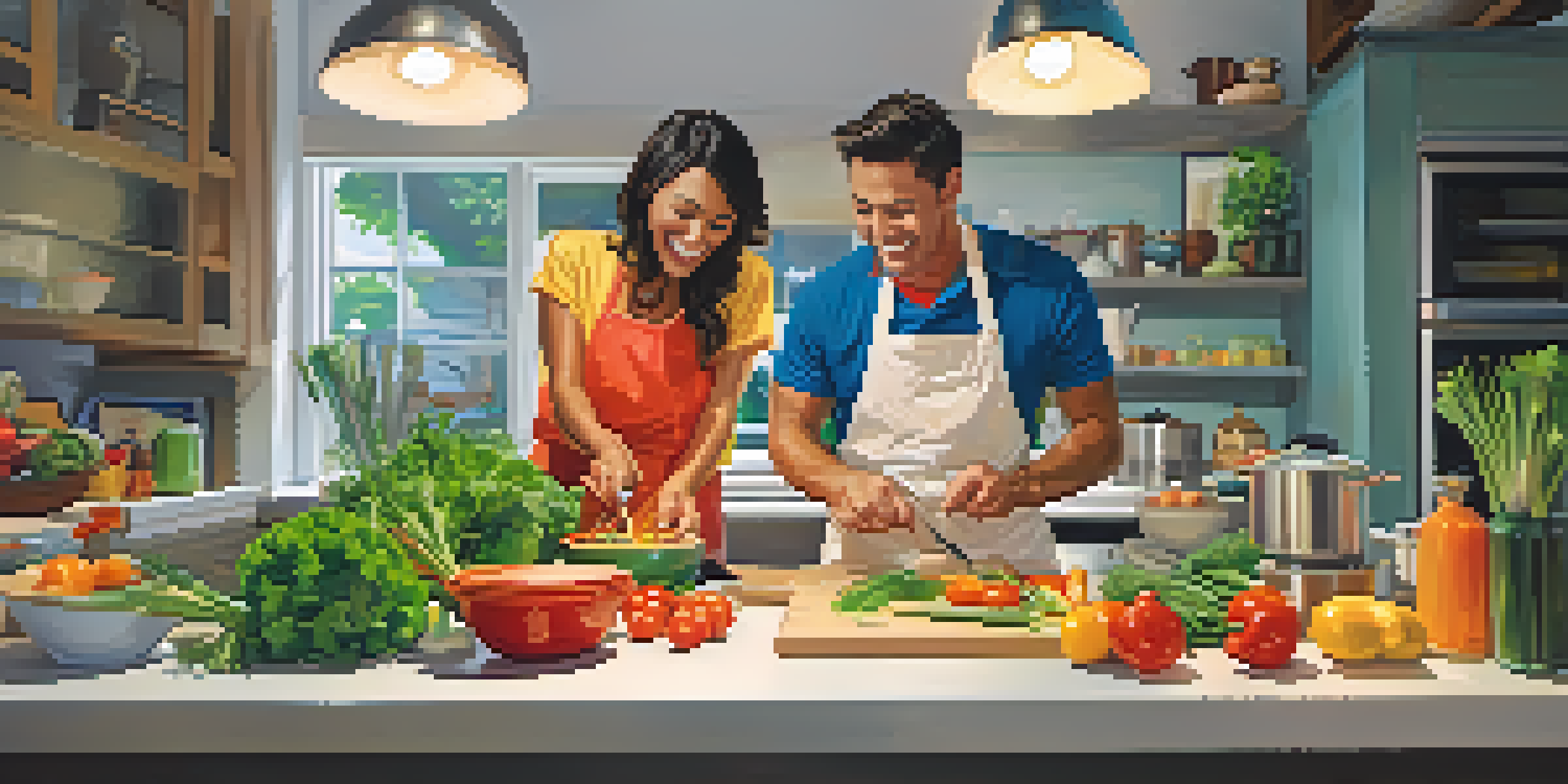 Two partners happily competing in a cooking contest in a bright kitchen, with fresh ingredients and playful expressions.