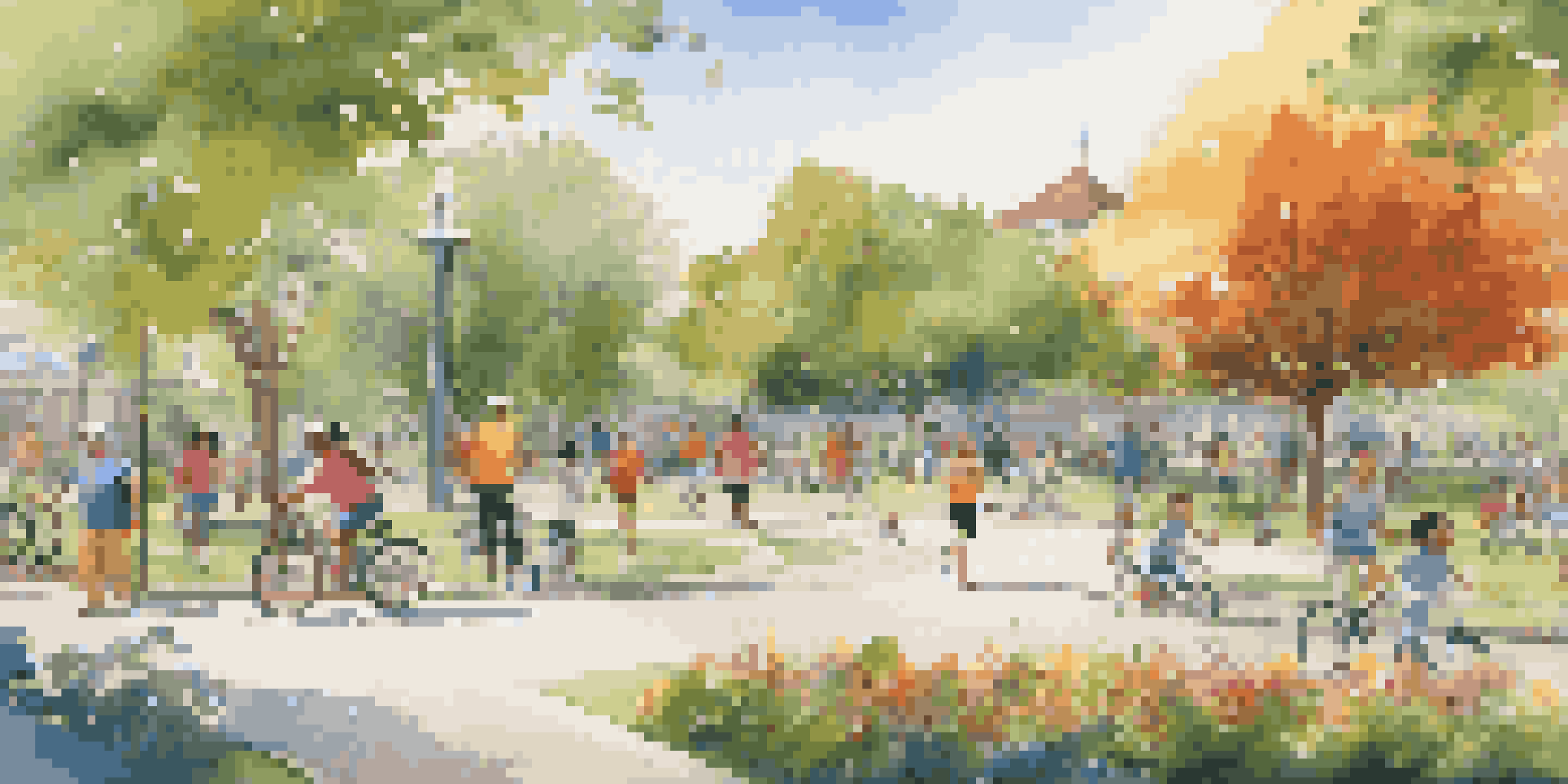 A community park with diverse people engaged in physical activities, surrounded by greenery and flowers.