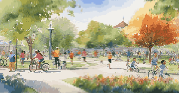 A community park with diverse people engaged in physical activities, surrounded by greenery and flowers.