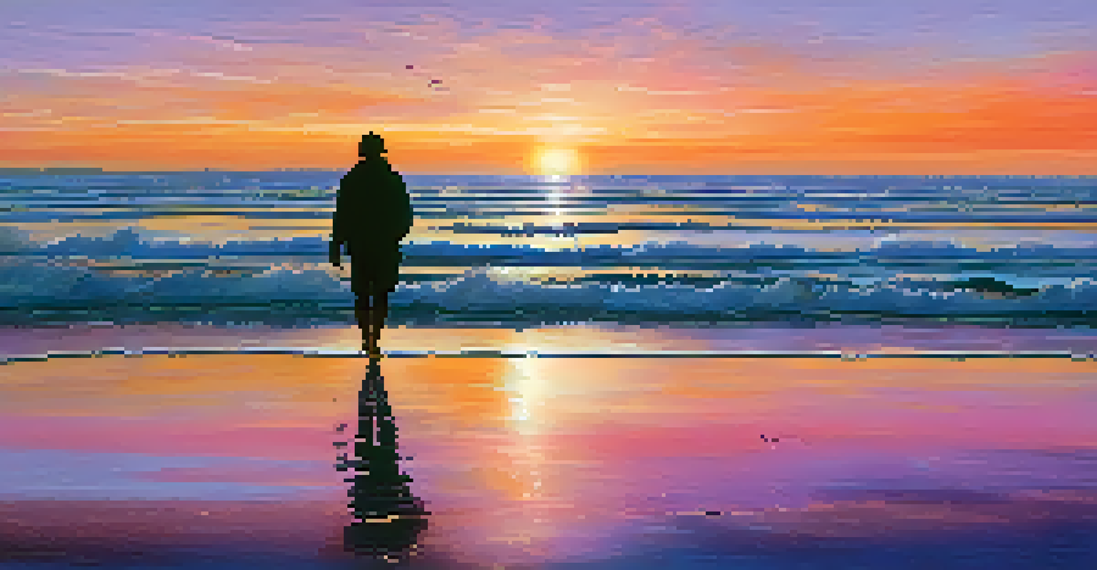 A silhouette of a person walking on a beach at sunset, with vibrant colors in the sky and calm waters reflecting the light.