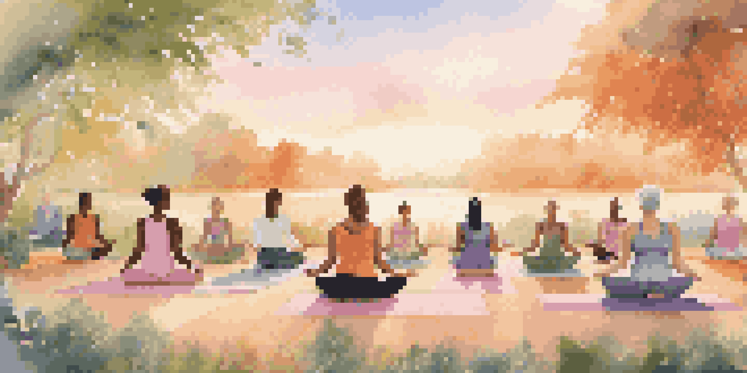 A diverse group of individuals practicing yoga outdoors at sunrise, surrounded by greenery and soft morning light.