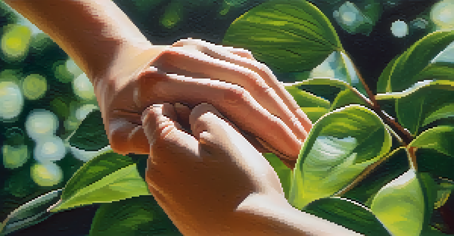 A close-up of two hands gently touching, symbolizing empathy and connection in a tranquil outdoor setting.