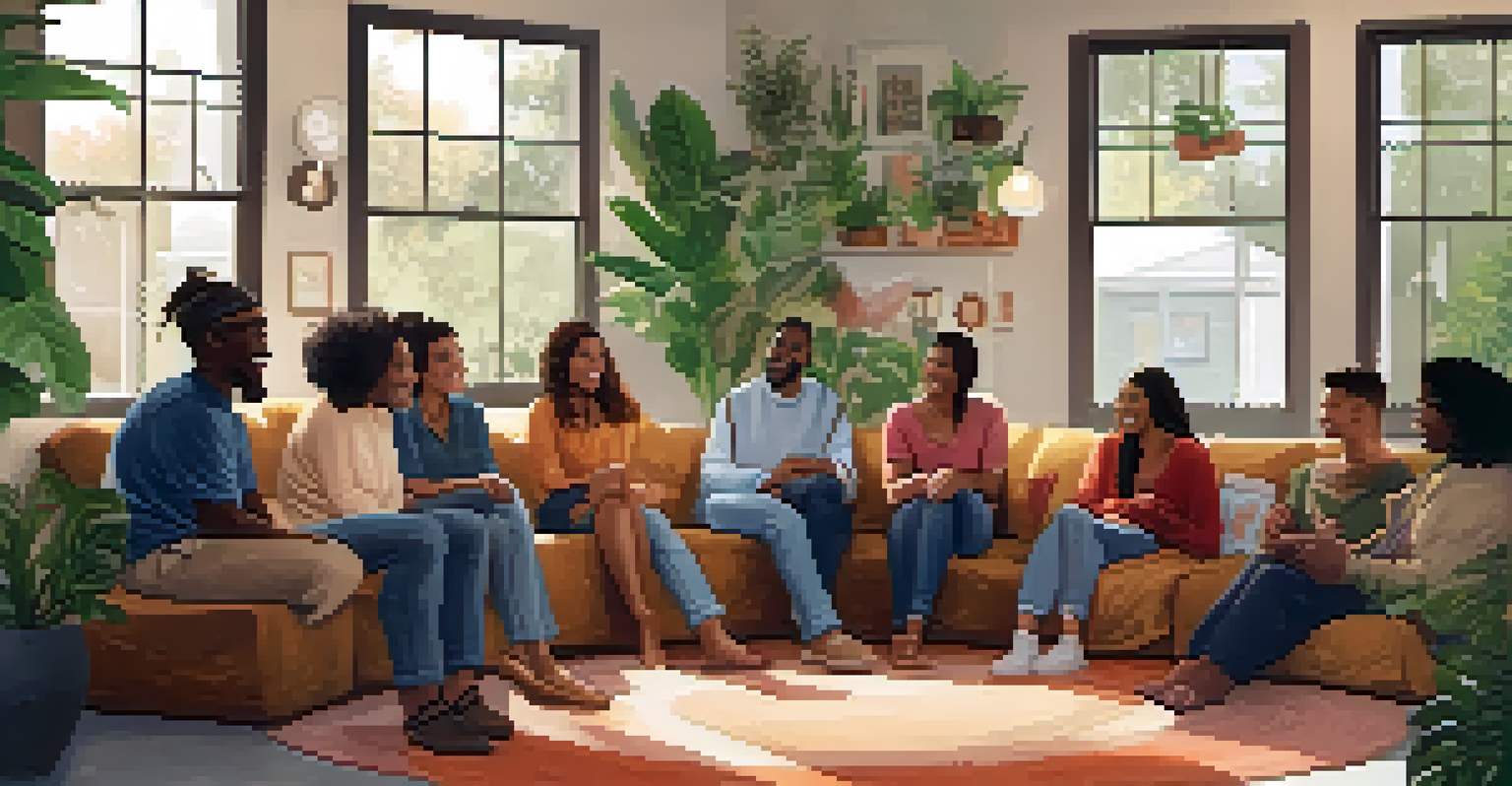 A diverse group of people in a cozy room, sharing stories and laughter, surrounded by plants and warm lighting, promoting a sense of community and support.