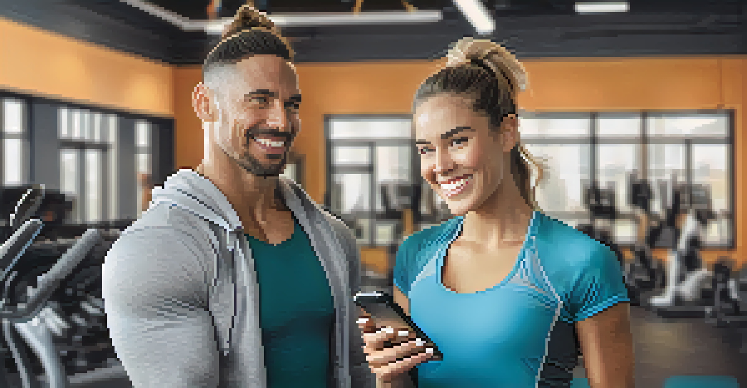 A health coach and client celebrating fitness progress in a modern gym setting.