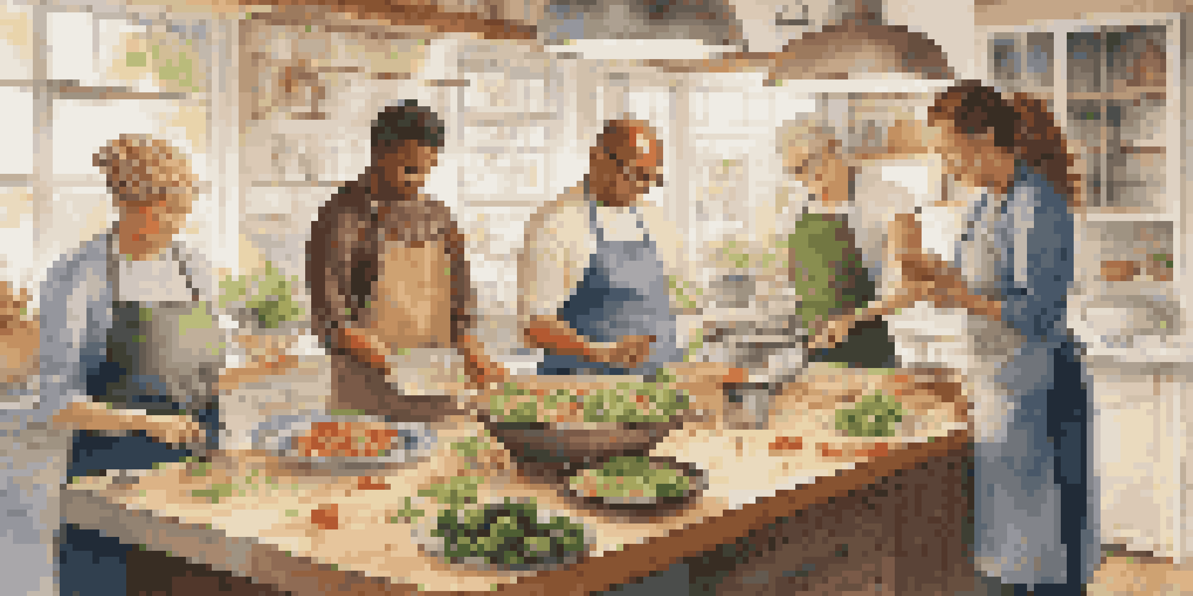 A diverse group of people in a bright kitchen participating in a cooking demonstration, preparing healthy dishes with fresh vegetables and grains.