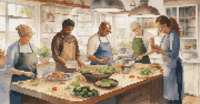 A diverse group of people in a bright kitchen participating in a cooking demonstration, preparing healthy dishes with fresh vegetables and grains.
