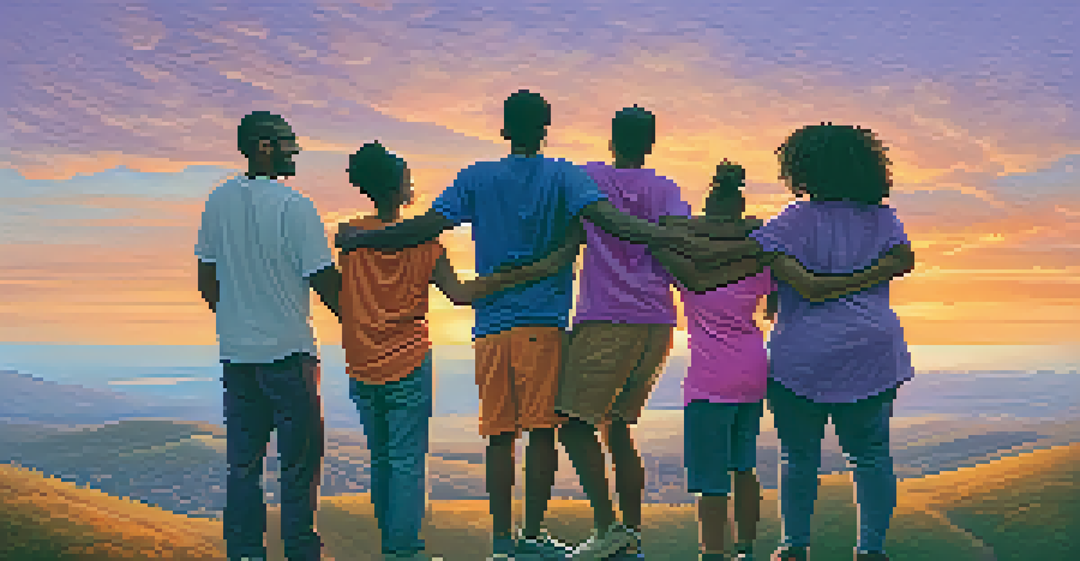 A diverse group of people standing together on a hilltop during sunset, celebrating community and resilience.