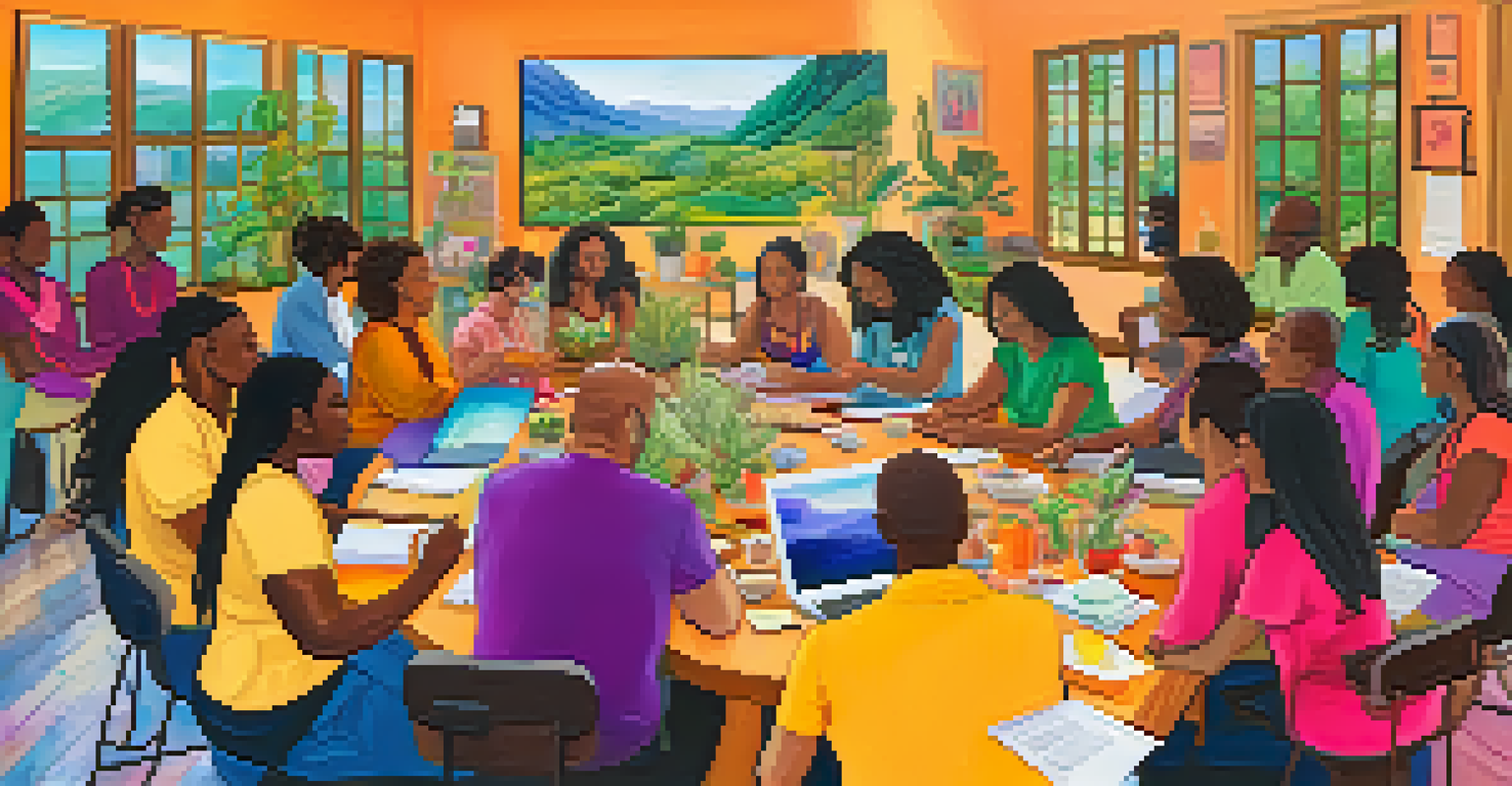 A lively community workshop with people discussing mind-body healing around a table filled with materials.