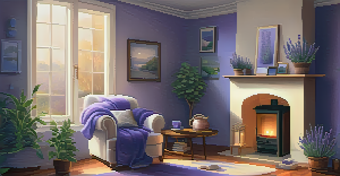 A calming home interior with an essential oil diffuser, lavender plants, and soft candlelight, creating a peaceful atmosphere.