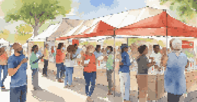 A community event promoting vaccination awareness with diverse individuals engaging around an informational booth and colorful banners.