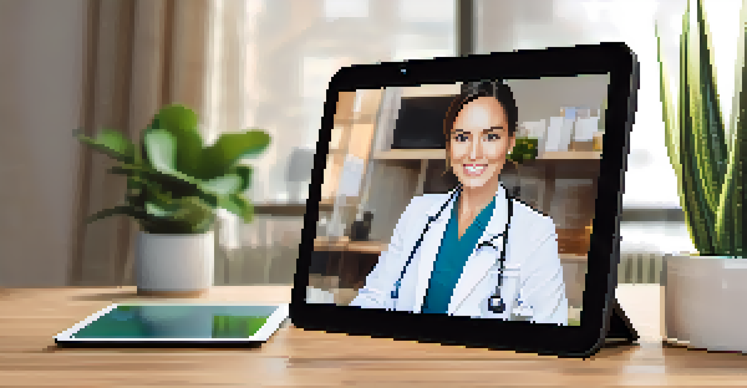 A tablet showing a telemedicine video call with a healthcare provider, placed on a desk in a modern home office setting.