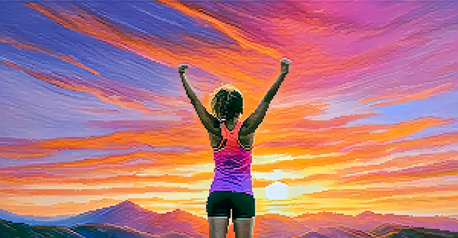 A person celebrating a fitness achievement on a hilltop during sunset, expressing joy and accomplishment.