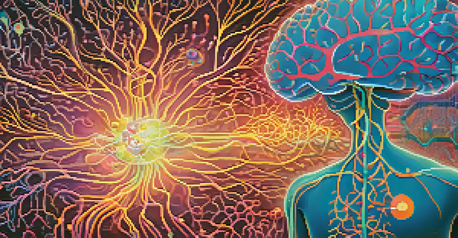 A stylized human silhouette illustrating the gut-brain connection with glowing gut and brain highlighted, surrounded by abstract microbiota patterns.