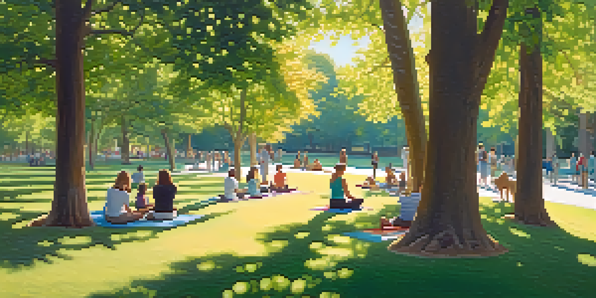 A sunlit park with people practicing yoga, walking dogs, and having picnics under the trees.