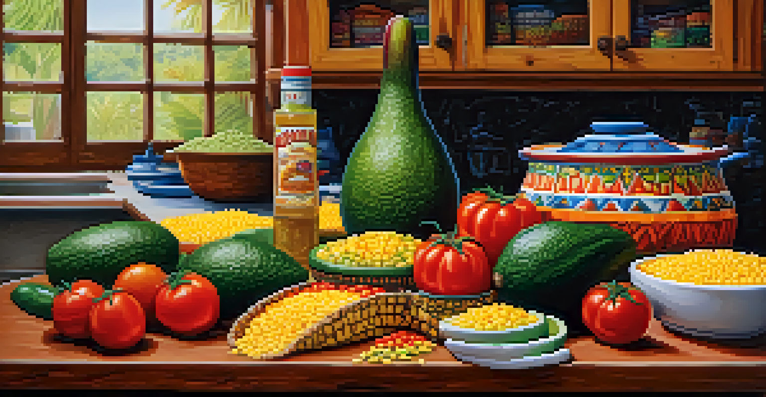 A rustic Latin American kitchen with fresh ingredients like avocados and tomatoes on a wooden countertop, featuring salsa and corn tortillas.