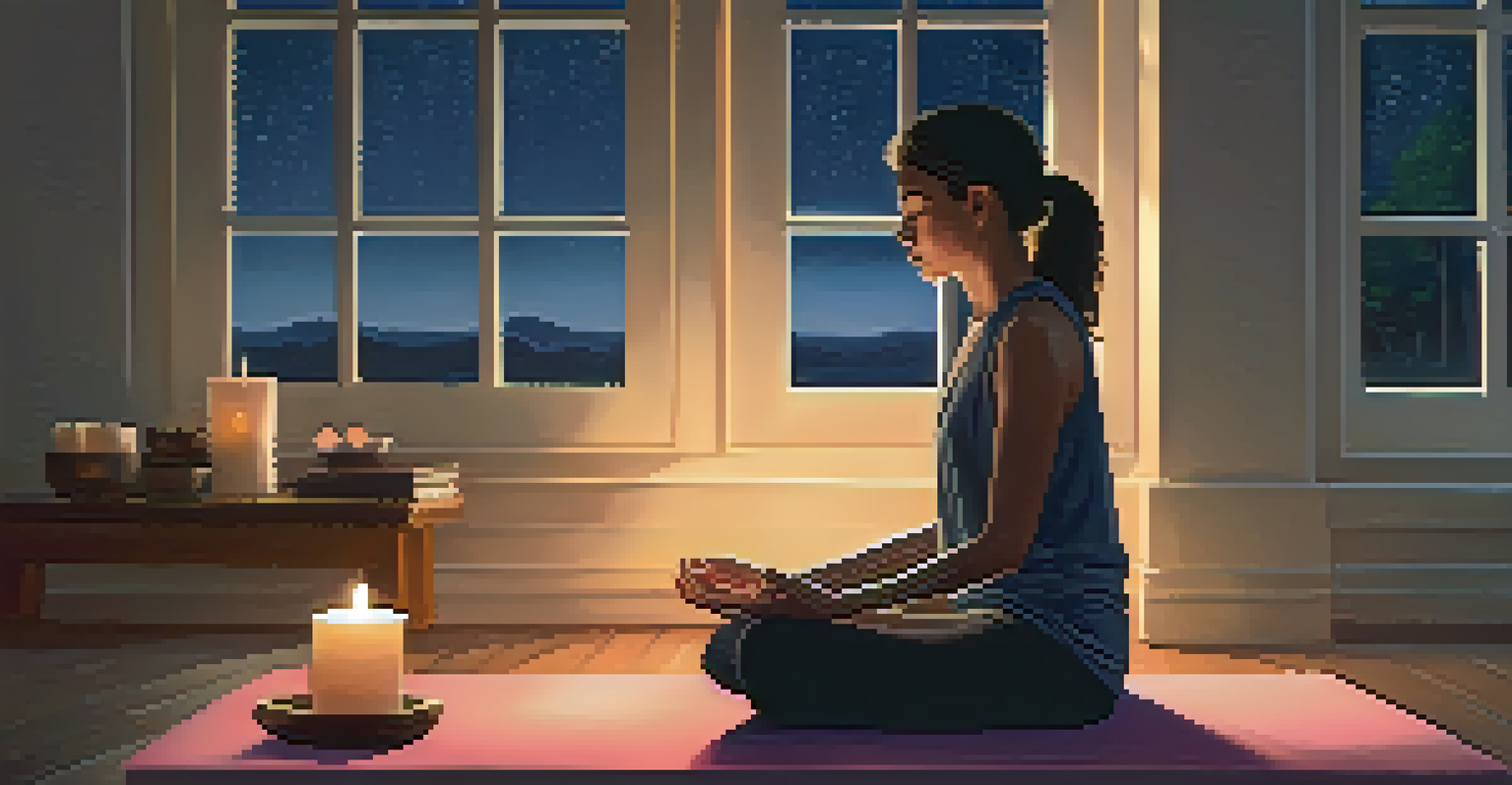 A person practicing yoga in a softly lit room with candles, in a meditative pose, with a starry sky visible through the window.