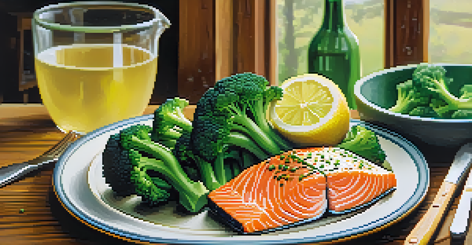 A healthy meal of salmon and broccoli with a lemon wedge on a wooden table.