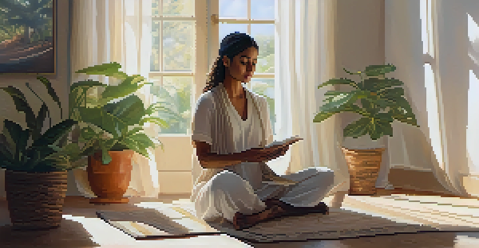 A person meditating in a sunlit room, surrounded by plants, holding a journal and looking calm.