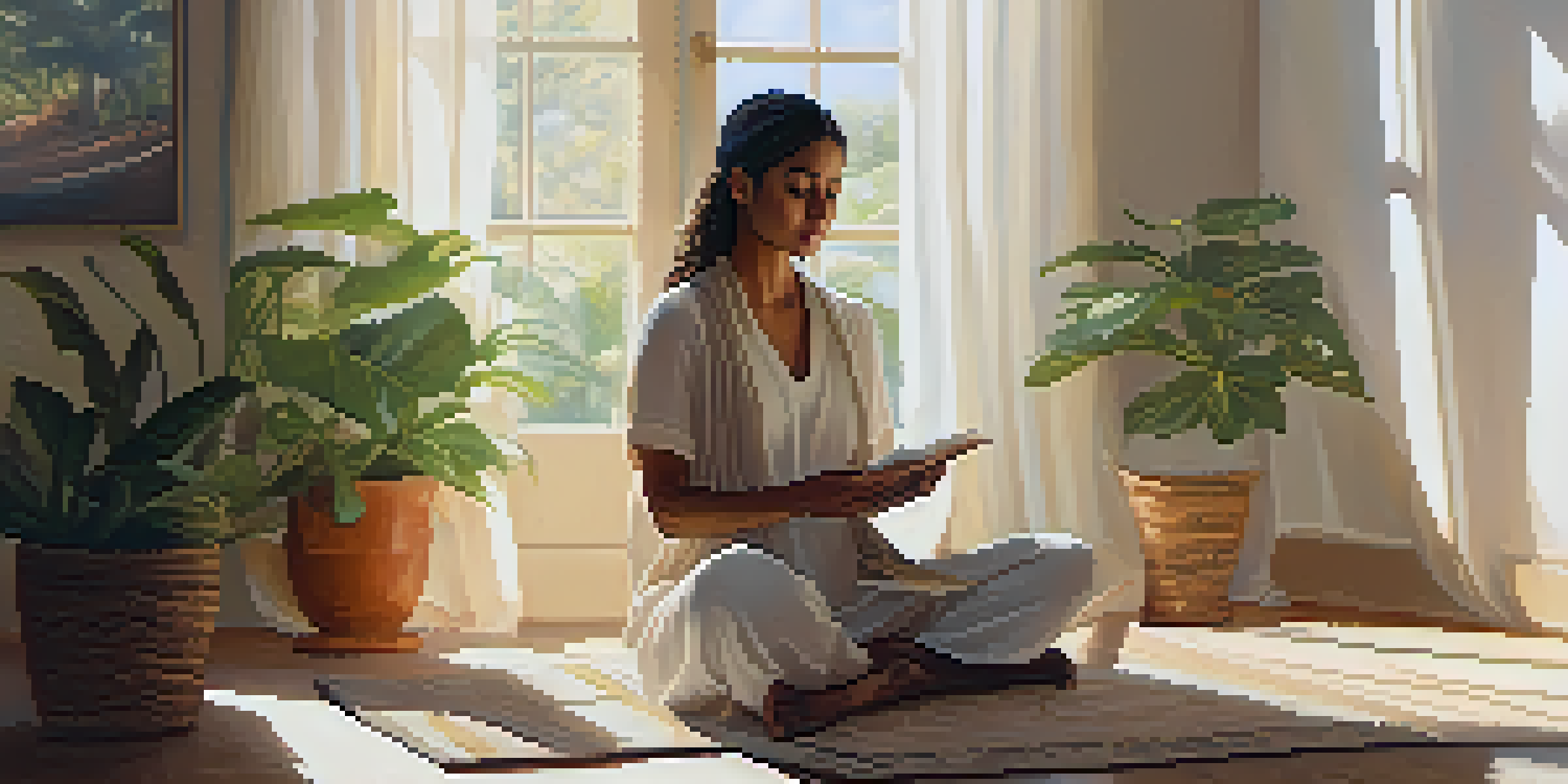 A person meditating in a sunlit room, surrounded by plants, holding a journal and looking calm.