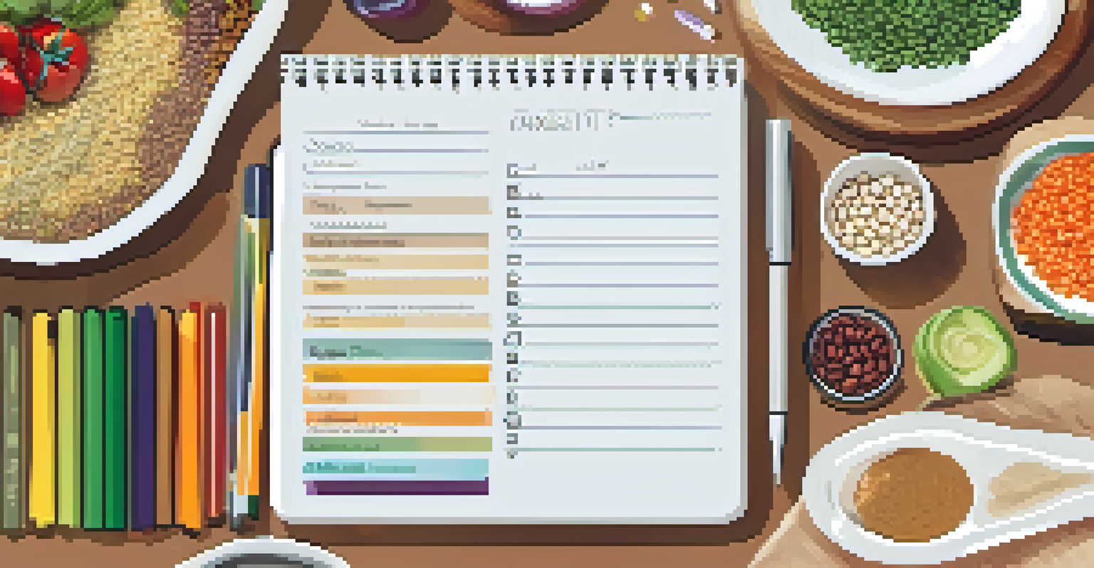 A meal planning scene featuring a notepad, colorful pens, and healthy ingredients like beans and vegetables, with a softly blurred background.