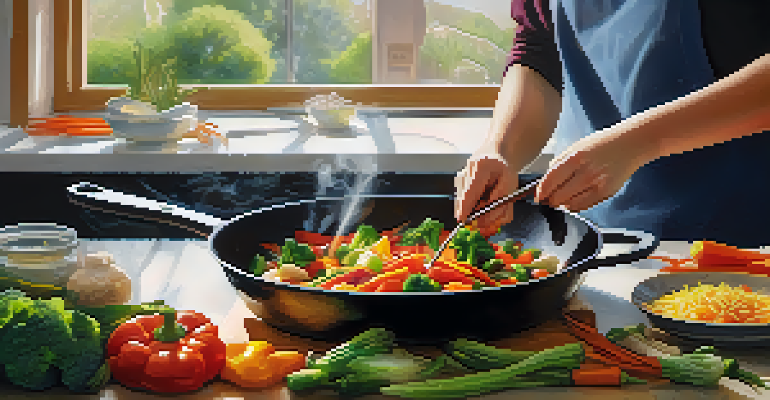 Close-up of hands stirring a colorful vegetable stir-fry in a pan with steam rising.