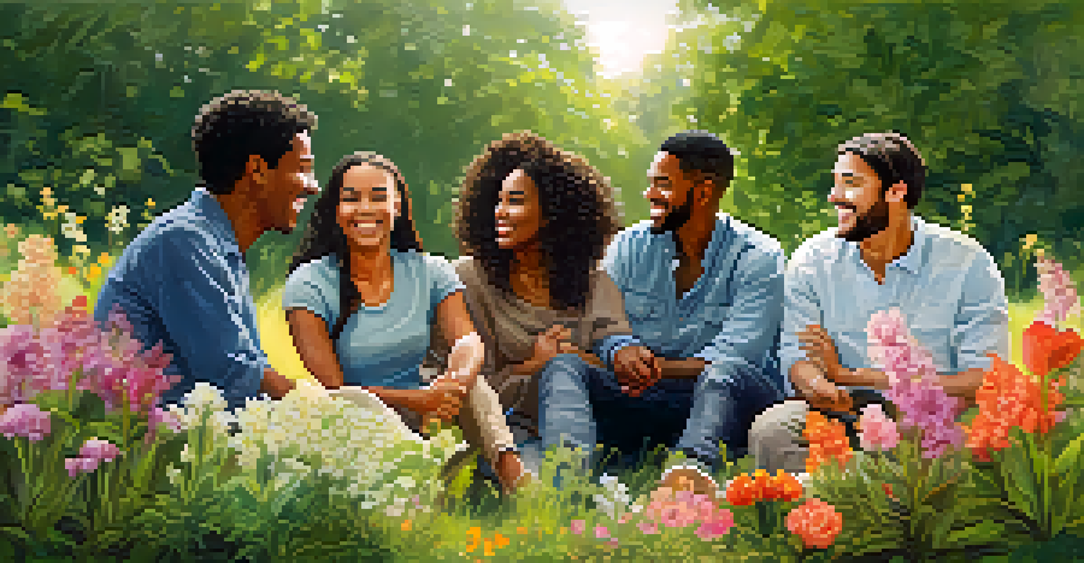 A diverse group of people sitting in a circle outdoors, smiling and sharing in a supportive environment surrounded by flowers and greenery.
