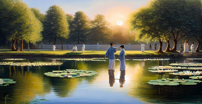 A diverse group of people practicing Tai Chi in a peaceful park at sunrise, surrounded by trees and a tranquil pond.