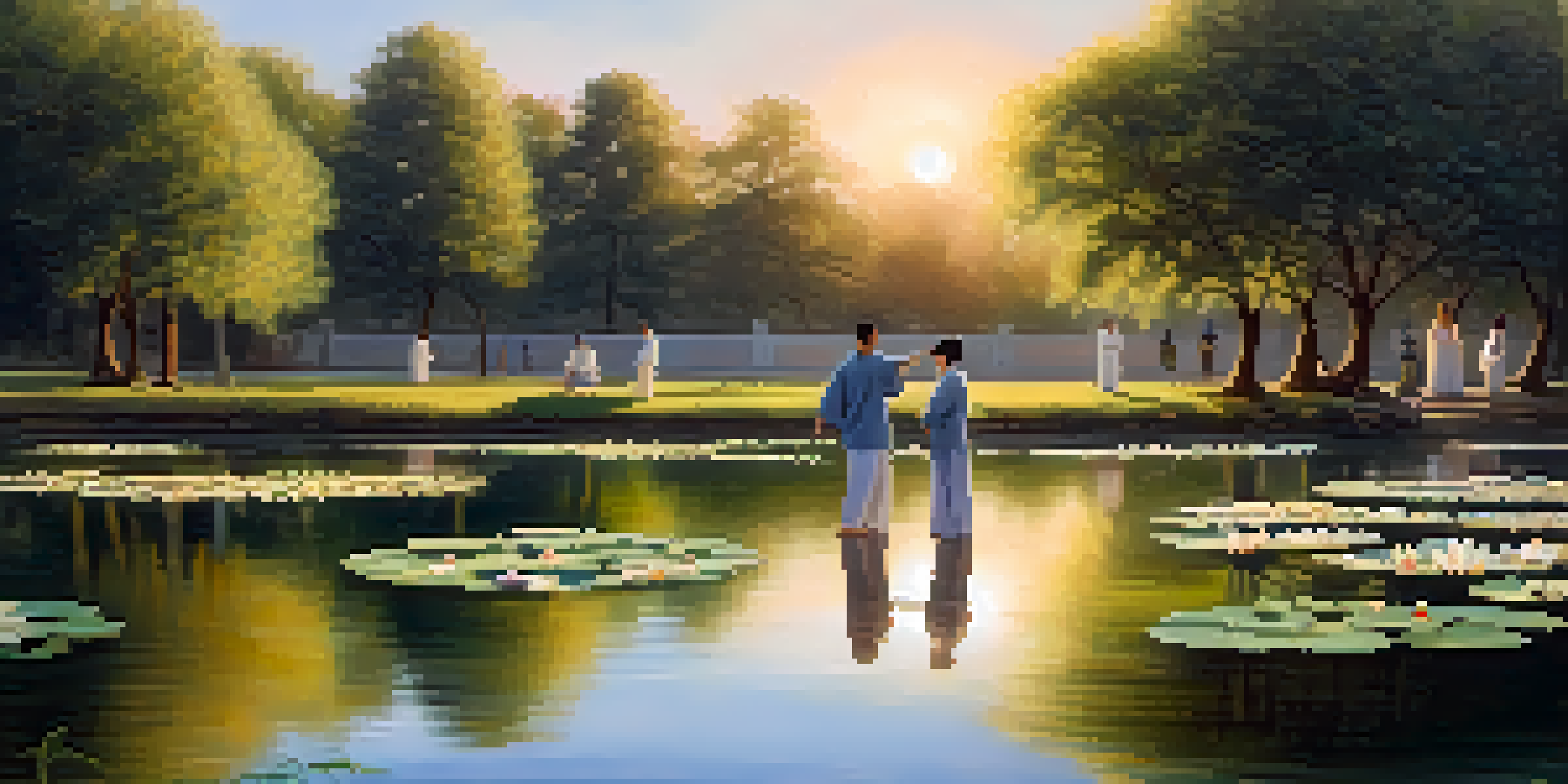 A diverse group of people practicing Tai Chi in a peaceful park at sunrise, surrounded by trees and a tranquil pond.