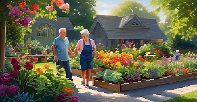 A senior couple happily gardening in a vibrant flower garden with raised beds, surrounded by colorful blooms and gentle sunlight.