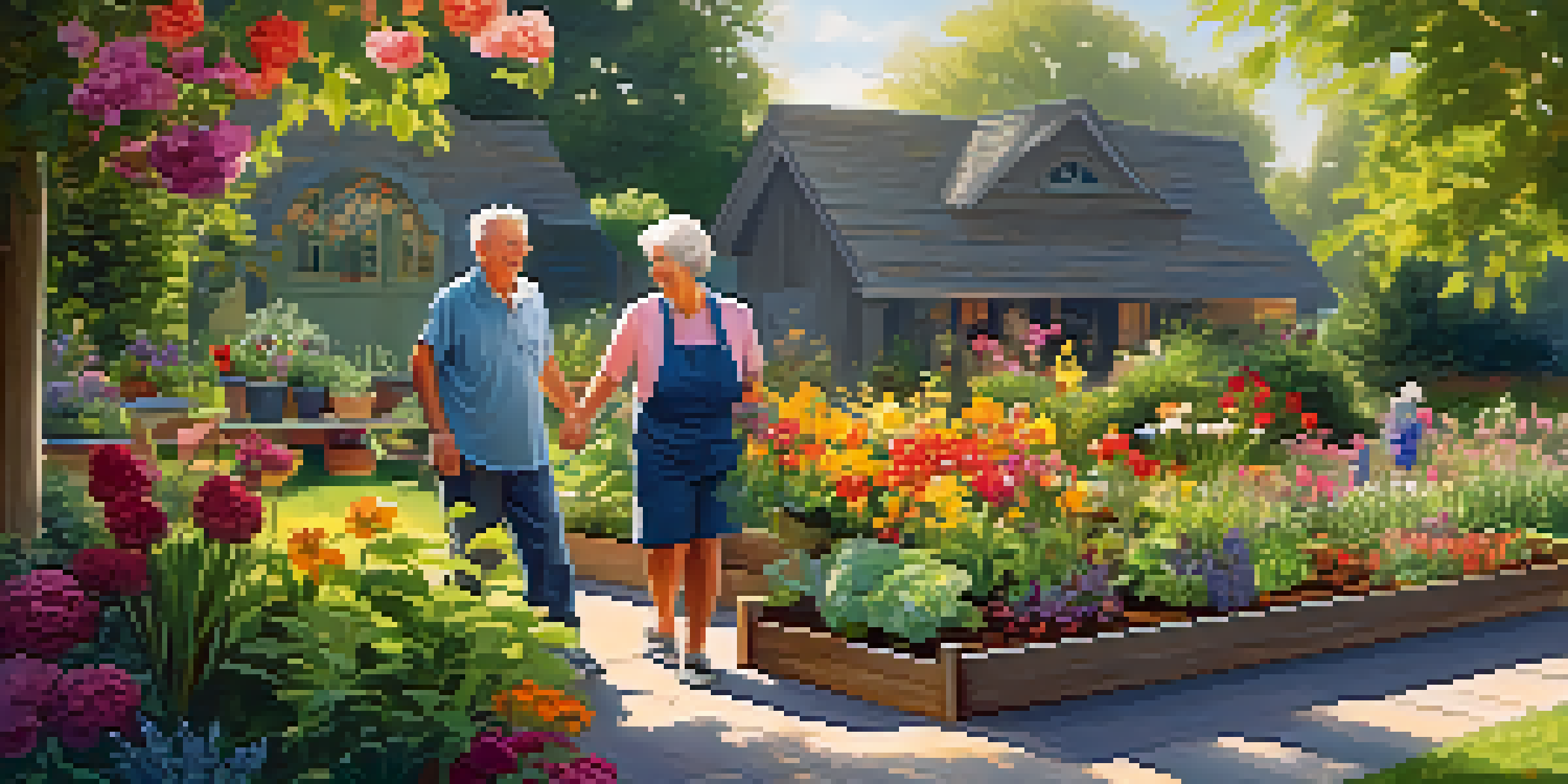 A senior couple happily gardening in a vibrant flower garden with raised beds, surrounded by colorful blooms and gentle sunlight.