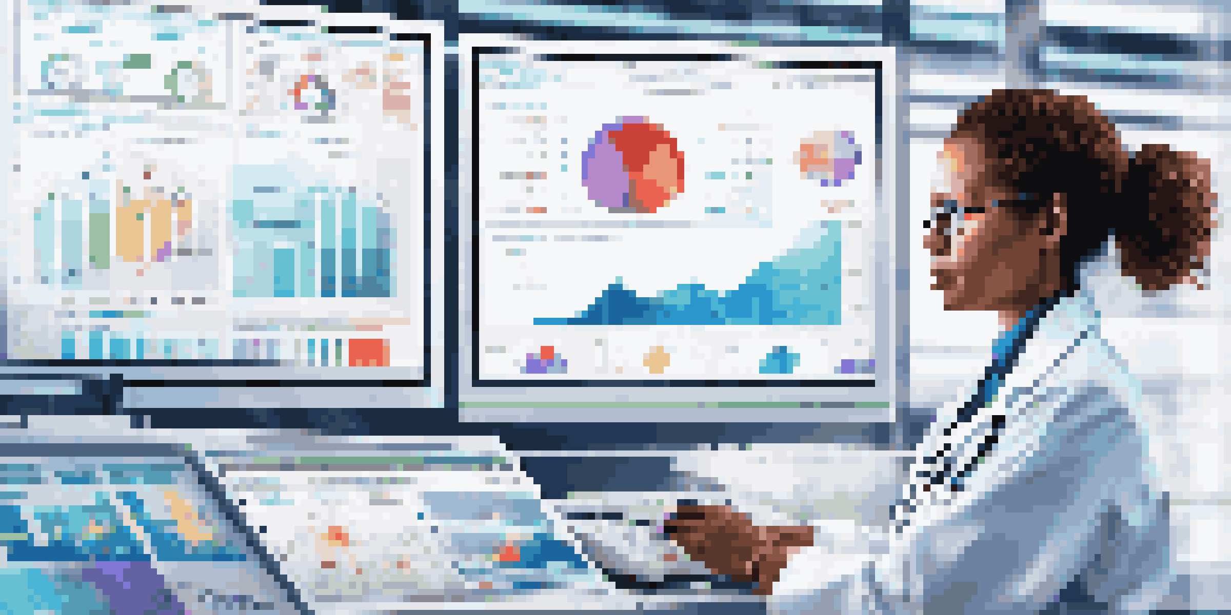 A healthcare professional in a lab coat analyzing a data dashboard on a computer, with medical charts in a bright, modern office.