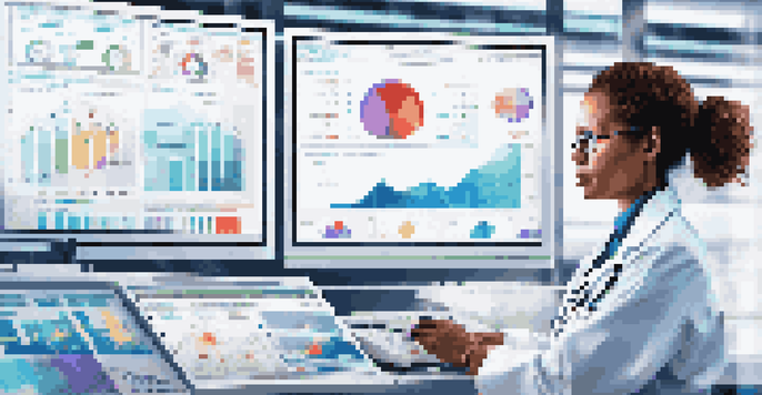 A healthcare professional in a lab coat analyzing a data dashboard on a computer, with medical charts in a bright, modern office.