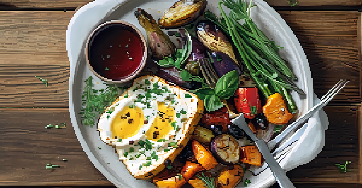 An overhead view of a healthy meal with roasted vegetables and herbs on a rustic table.