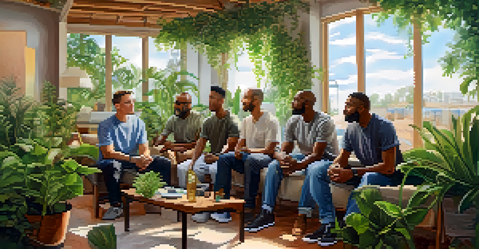A diverse group of men in a casual setting, openly discussing health and wellness with a supportive atmosphere.