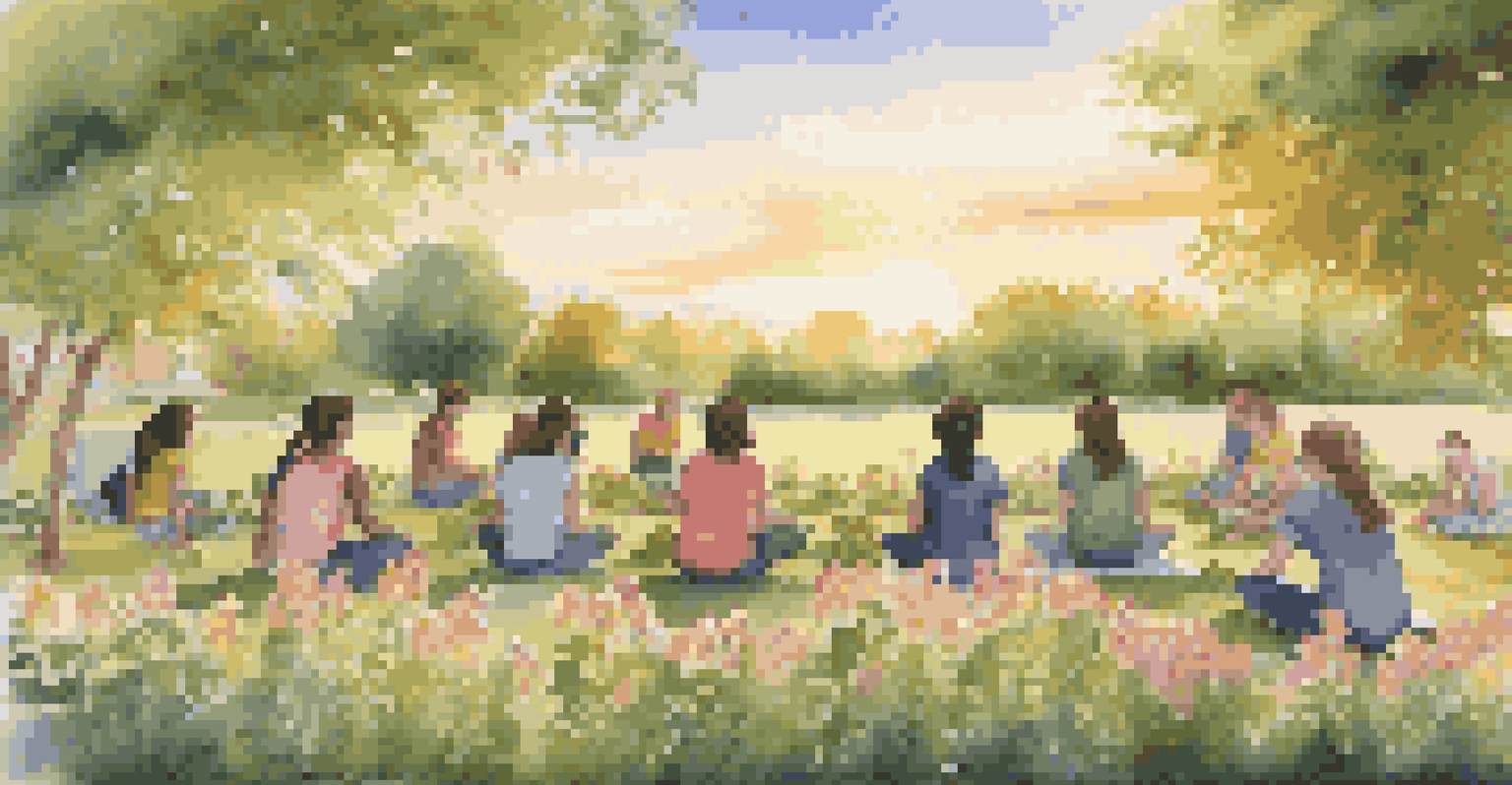 Students practicing mindfulness exercises in a school garden, surrounded by flowers and greenery at sunset.